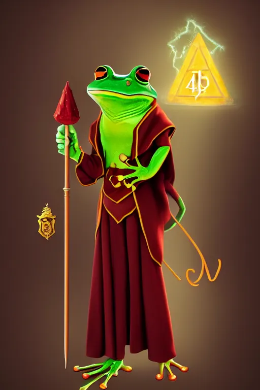 Image similar to frog mage in a gryffindor form with a magic wand, in hogwarts, high details, volume light, best composition, 4 k