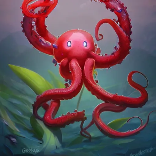 Image similar to a cute beautiful plant type pokemon with beautiful happy smile, red tentacles bursting out of his hair, full body portrait, highly detailed digital art, 3 d perspective, award - winning illustration, aesthetic, smooth, pokemon style, made by greg rutkowski, with an alien landscape in the background