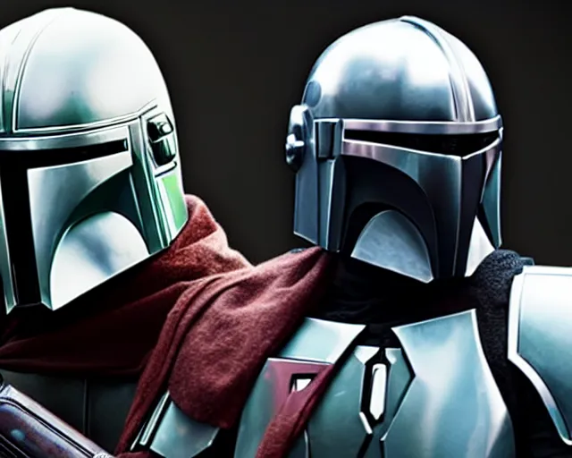 Image similar to a mandalorian is looking at the helmets