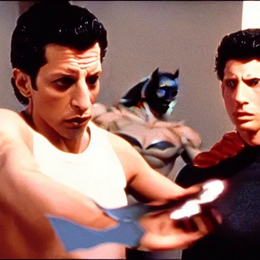 Image similar to young, muscular jeff goldblum as bruce wayne peeling back batman mask, wearing batman t shirt, film still