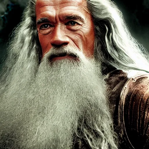 Prompt: Arnold Schwarzenegger as Gandalf, cinematic film still