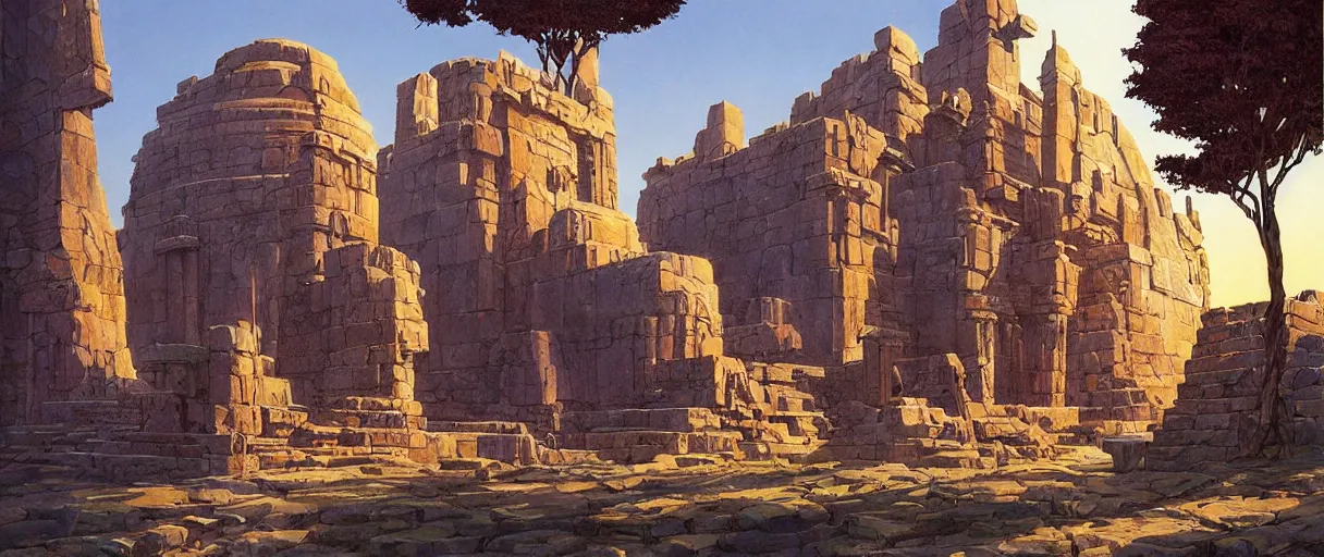 Prompt: A beautiful temple in honor of ancient Feline warriors by Robert McCall and Ralph McQuarrie | sparth:.2 | Time white:.2 | Graphic Novel, Visual Novel, Colored Pencil, Comic Book:.3 | unreal engine:.5 | establishing shot