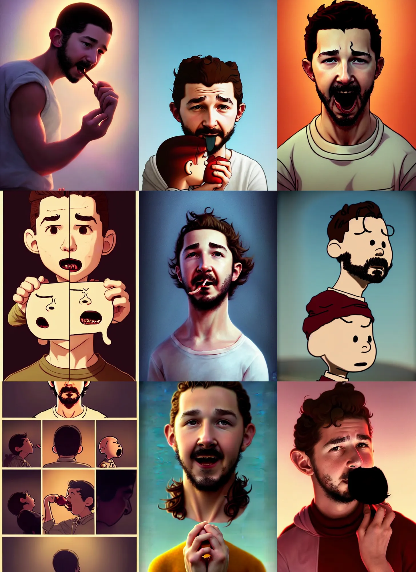 Prompt: beautiful portrait of shia labeouf eating human flesh in the style of charlie brown. character design by disney, charlie bowater, ross tran, artgerm, and makoto shinkai, detailed, soft lighting, rendered in octane