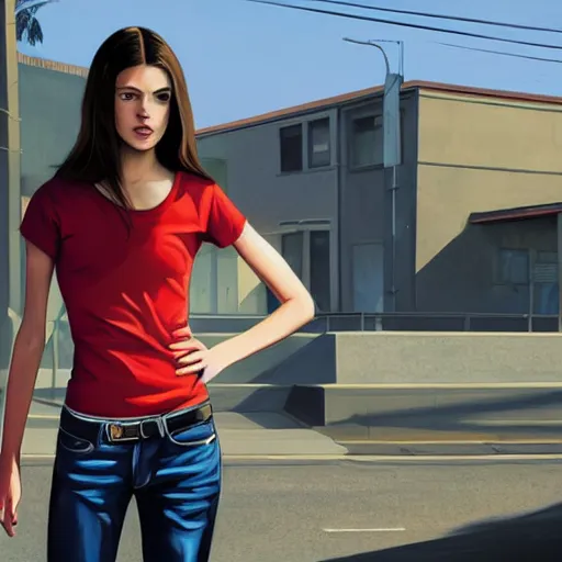 Prompt: portrait of a brunette thin teenager girl with blue eyes in gta 5, light stubble with red shirt, inside modern school ,digital art,photorealistoc,art by greg rutkowski,hyperdetailed,western comic style,comic,comic style,sharp lineart,professional lighting,deviantart,artstation,trevor henderson,rossdtaws,cinematic,dramatic