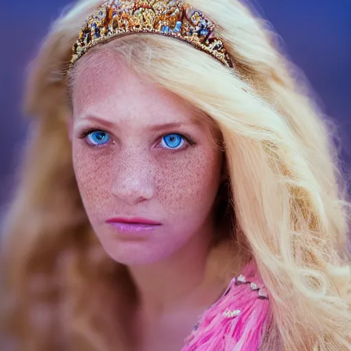 Prompt: close up headshot of a princess with long blonde hair and blue eyes wearing a strapless elaborately beaded pink dress, high resolution film still, 8k, HDR color, film by Simon Langton and David Frankel, triangular face, freckles, narrow chin