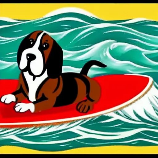 Prompt: a basset hound on a surboard, surfing a barrel wave, in the style of a traditional hawaii painting