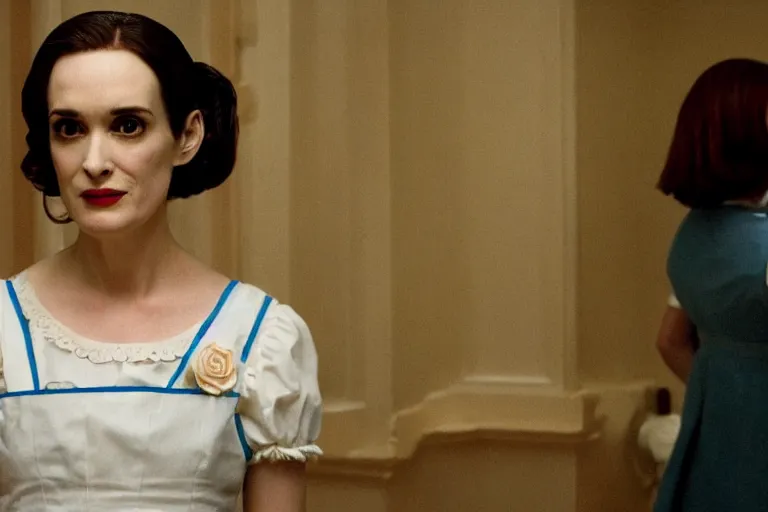 Image similar to mid-shot of Winona Ryder as a maid in the new movie directed by Wes Anderson, symmetrical shot, idiosyncratic, relentlessly detailed, limited colour palette, detailed face, movie still frame, promotional image, imax 70 mm footage