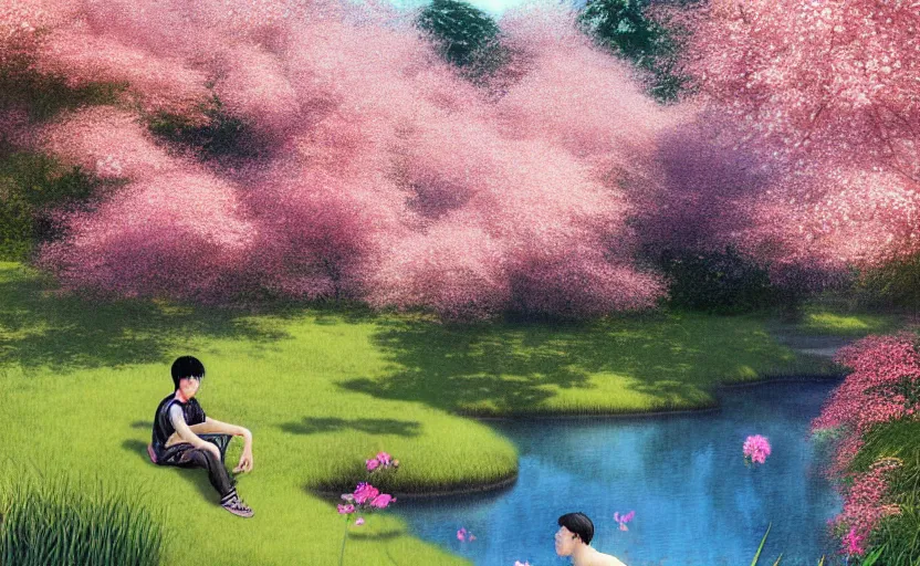 Image similar to harmony of pink haired young asian man backlit staring at black haired young asian man from across a pond, love at first sight, by alan lee, muted colors, springtime, colorful flowers & foliage in full bloom, sunlight filtering through trees & skin, digital art, art station cfg _ scale 9