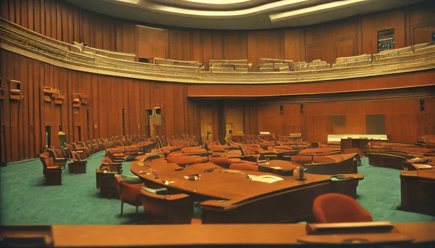 Image similar to 60s movie still of a sovietic stalinist style empty parlement, cinestill 800t 50mm eastmancolor, liminal Space style, heavy grain-s 150