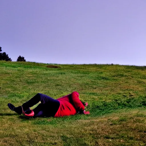 Prompt: a really round man rolling down a hill screaming