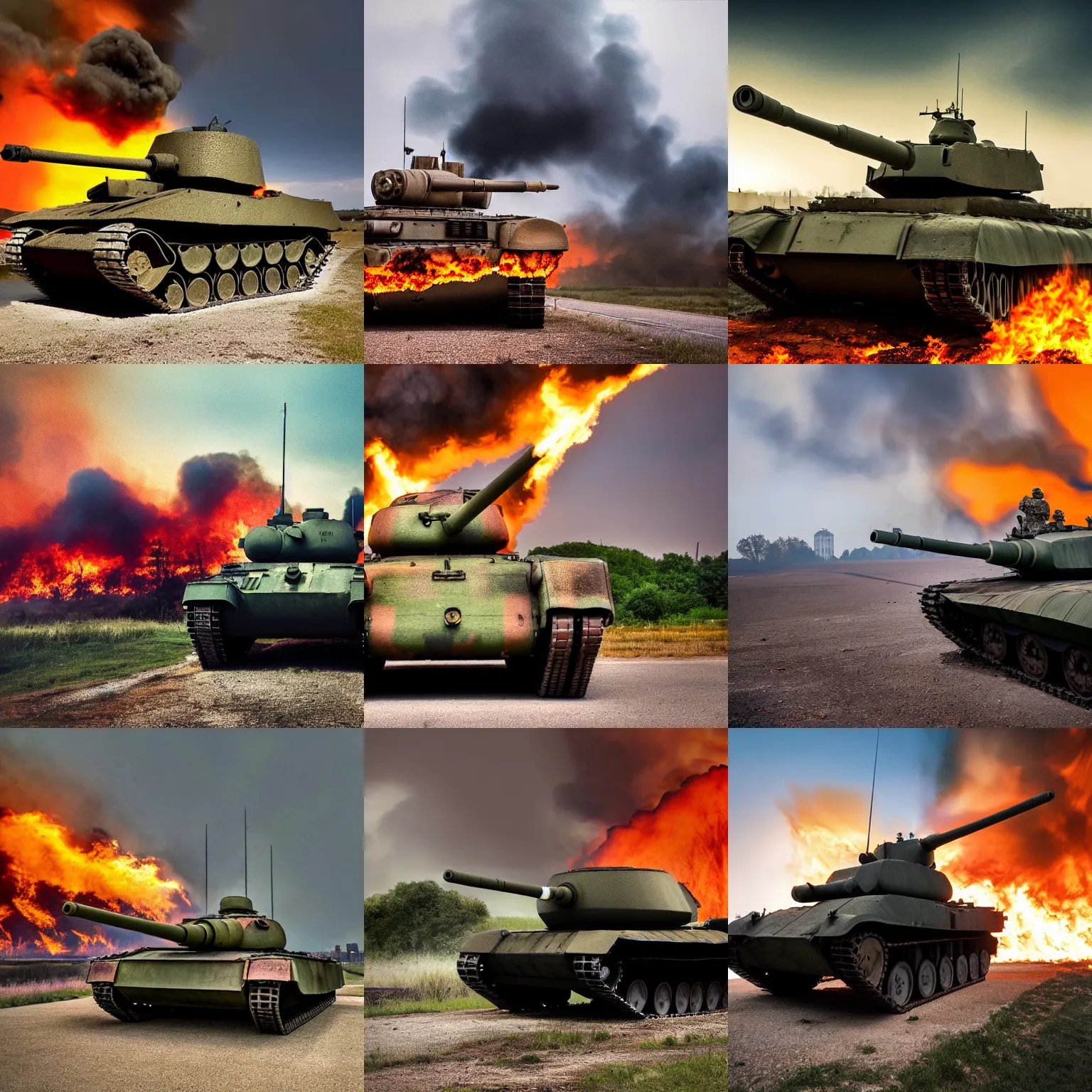 Prompt: military tank in front of a burning skyline, award winning photo, atmospheric