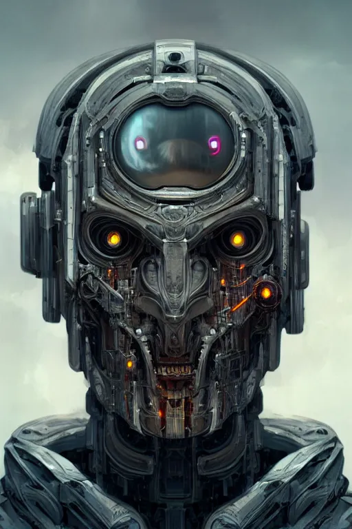 Prompt: old cyborg robot face, by sathish kumar and wlop, matte painting, artstation, detailed, photo realism, realism, intricate, ornate, cyberpunk, future, symmetry, technology, artificial intelligence