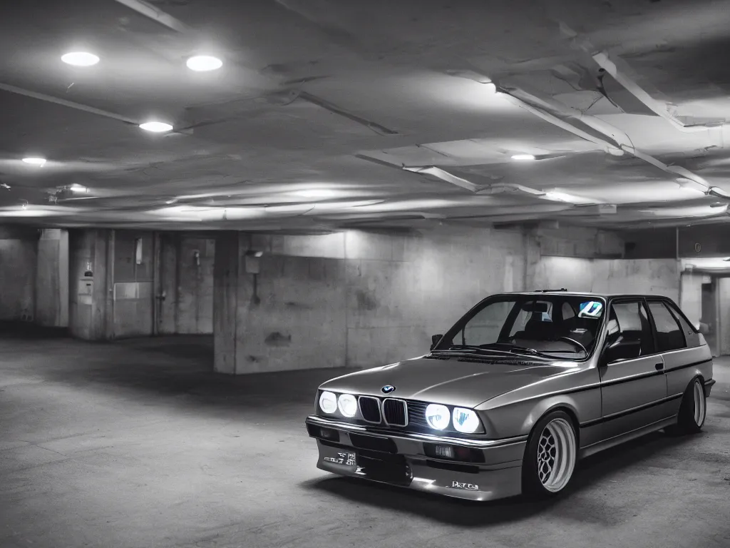 Image similar to a modified bmw e 3 0 with lights on in a futuristic neon parking garage, 3 5 mm photography, car photography, clean lines, realistic