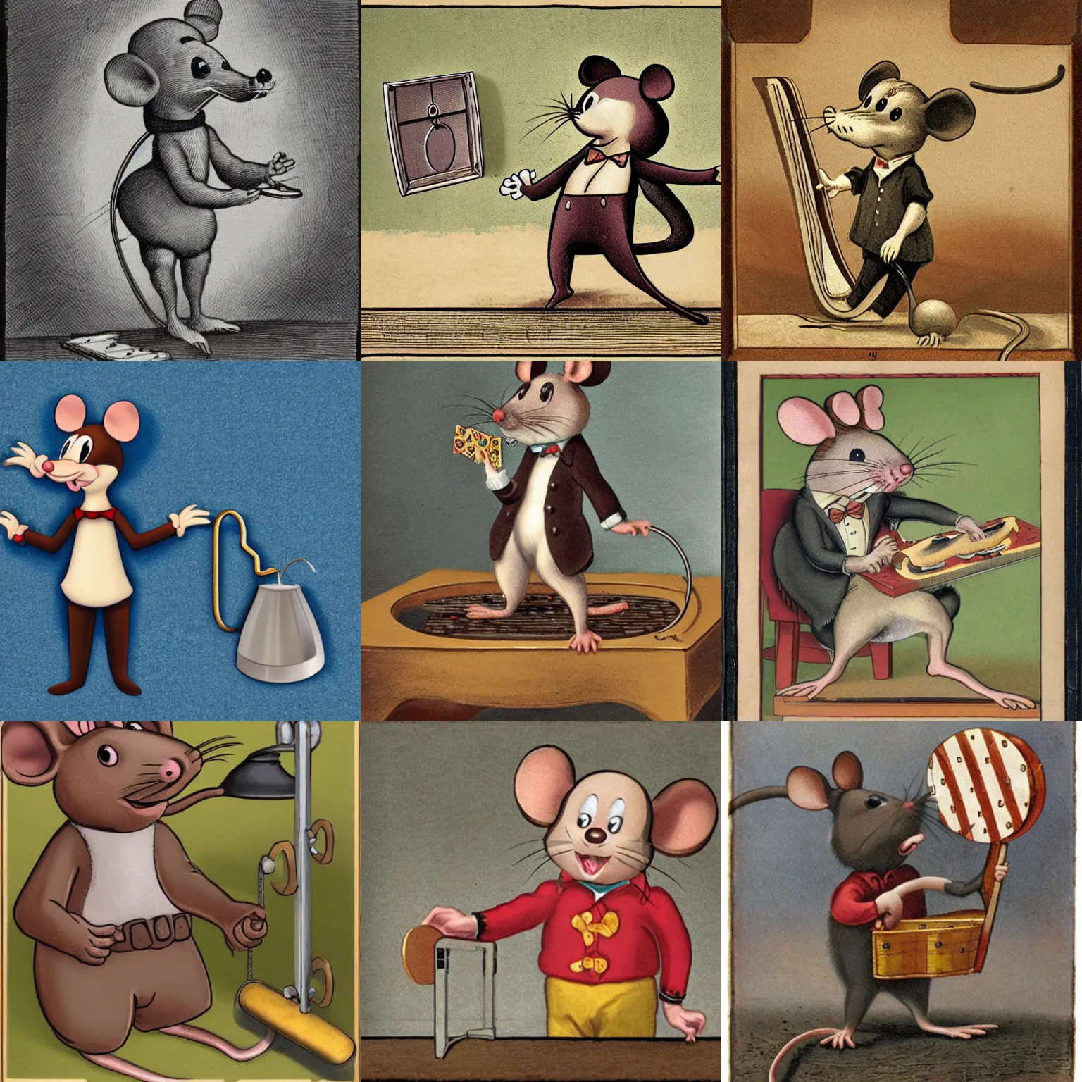 Prompt: anthropomorphic mouse caught in an enormous mouse trap