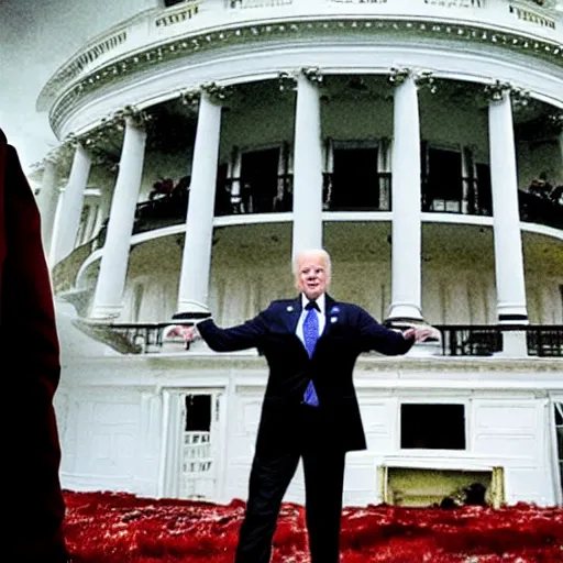 Prompt: president joe biden as a horrific zombie, white house full of zombies