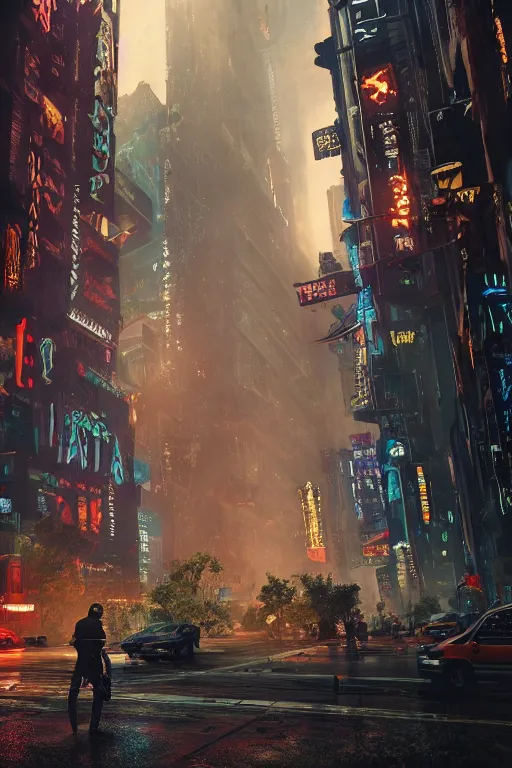 Prompt: cinematic photo of ancient overgrown cyberpunk new york city with cars and people, holograms, night, rain, flowers, beautifully lit, hyperdetailed, unreal engine, photorealistic, denis villeneuve film look, blade runner set