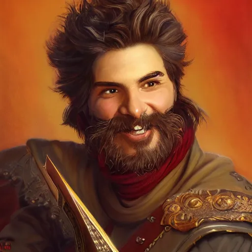 Image similar to beautiful portrait painting of a very short and small male halfing bard with brown hair with some grey hairs, full beard, ridiculous smile, from pathfinder, evil smirk, narcissist, self centered, casting fireball, painted by larry elmore, wayne reynolds, greg rutkowski, magic the gathering, dungeons and dragons, dishonored 2
