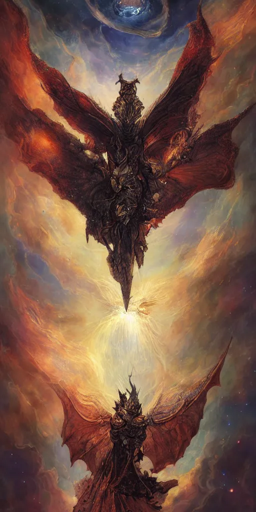 Prompt: breathtaking detailed soft intricated painting of bahamut bat in a nebulae galaxy in flames with intricated ribbons of light , gauze draped of fireflies and an art nouveau golden halo head, rembrandt style, , elegant, highly detailed, artstation, concept art, matte, sharp focus, art by Tom Bagshaw, Anato Finnstark and Greg Rutkowski