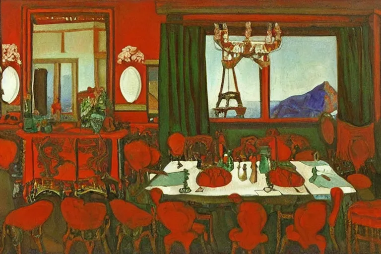 Image similar to A oil painting of a french red dinner room, with silver cutlery by Nicholas Roerich, by Georgia o Keeffe, by Gustave Moreau