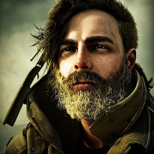 Prompt: photorealistic portrait of an Adam Ramazanov, 3d cgi, realistic, dramatic, dark mood, war apocalyptic