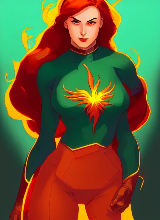 Prompt: jean grey phoenix green suit, flames, in the style of artgerm and charlie bowater and atey ghailan and mike mignola, vibrant colors and hard shadows and strong rim light, epic lighting, comic cover art, plain background, trending on artstation