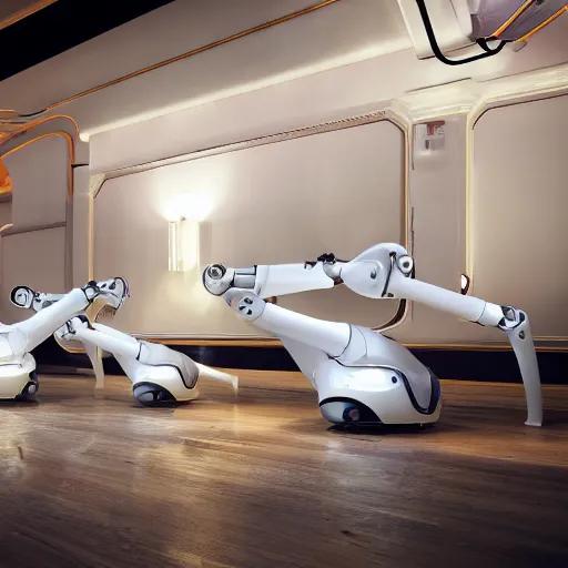 Image similar to three large white glossy kuka industrial robot arms on the floor around a dinner table, the kuka industrial robot arms are wearing bow ties, the table is full of food, they are having dinner inside a posh fine dining restaurant with retro modern furniture and decor, global illumination, artstation, fantasy, volumetric light