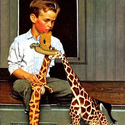 Image similar to a Norman Rockwell painting of a boy and his pet giraffe
