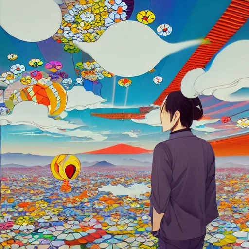 Image similar to a man walking on clouds away from the camera above kyoto by takashi murakami, beeple and james jean, aya takano color style, 4 k, super detailed, modern, 4 k, symmetrical