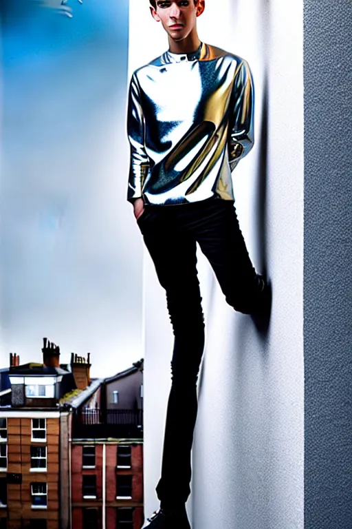 Image similar to un ultra high definition studio quality photographic art portrait of a young man standing on the rooftop of a british apartment building wearing soft padded silver pearlescent clothing. three point light. extremely detailed. golden ratio, ray tracing, volumetric light, shallow depth of field. set dressed.