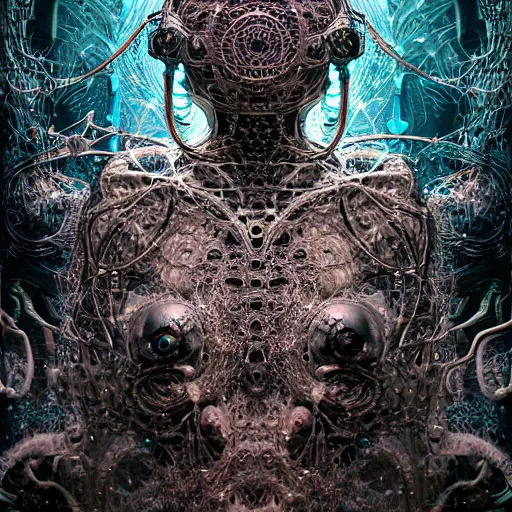 Image similar to cybernetic deity with networked mind tripping on acid, intricate detail, lovecraft, royo, whealan, giger, klimt, hd, octane render, unreal engine,