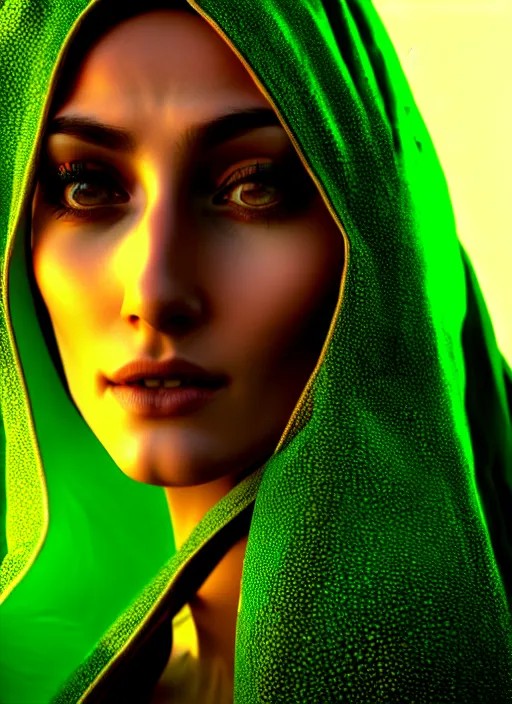 Prompt: a young beautiful arabian woman looking straight ahead with lights reflected in her green eyes, 5 0 mm, symmetrical, hyperdetailed illustration, intricate linework, in the style of a national geographic portrait, unreal engine 5 highly rendered, global illumination, radiant light, detailed and intricate environment