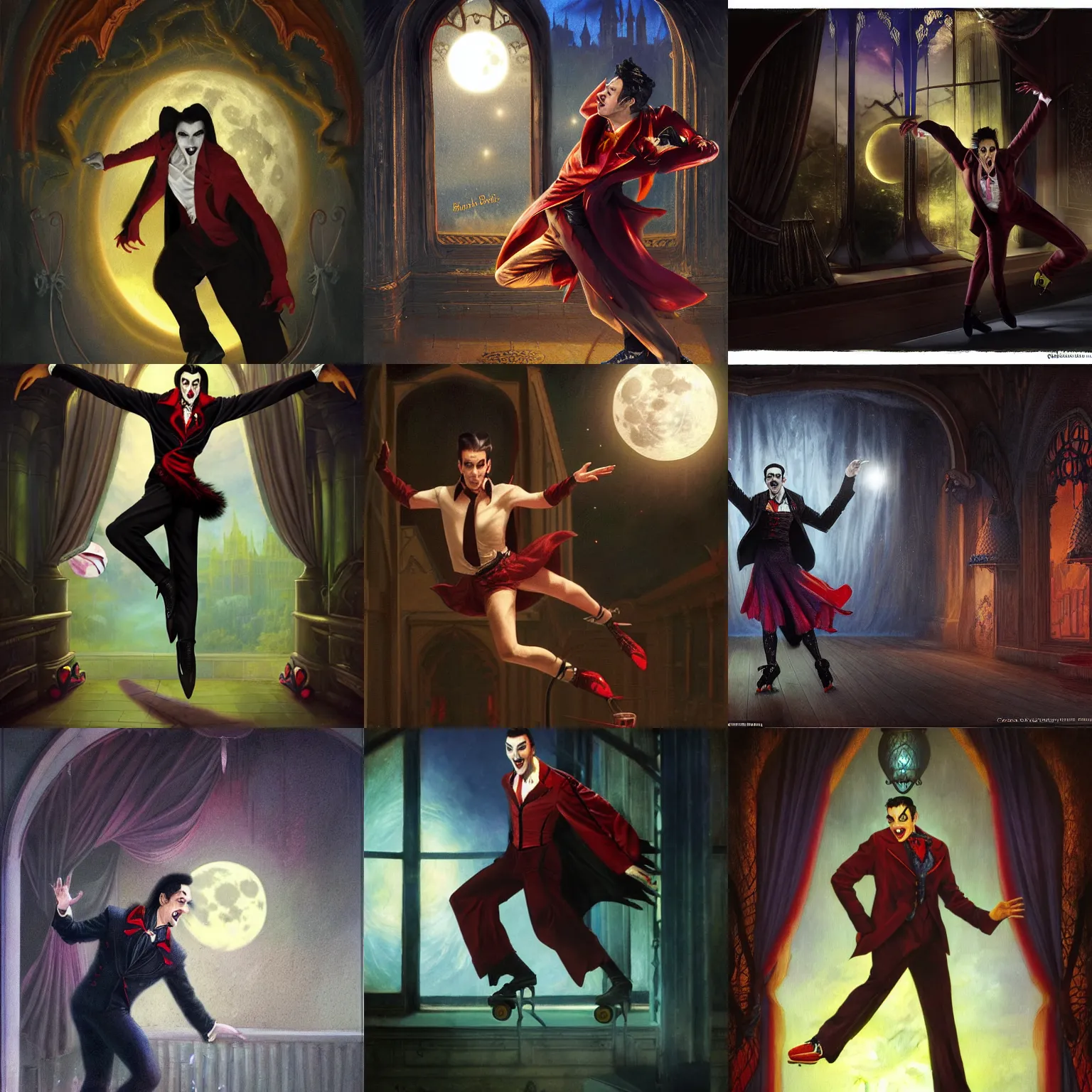 Prompt: attractive male dracula the vampire roller skating in a roller rink as a full moon shines through a window. highly detailed, full body shot, intricate, hyper - realism, fantasy art style, detailed face, very very very very beautiful, volumetric lighting, by gaston bussiere, craig mullins, j. c. leyendecker 8 k