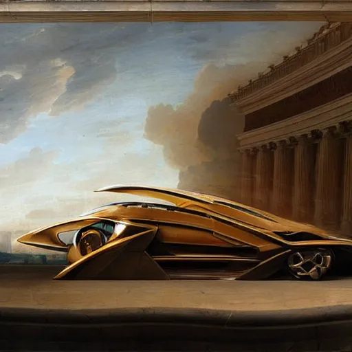 Image similar to sci-fi car dynamic organic forms structure car and wall structure in the coronation of napoleon painting by Jacques-Louis David ceramic cloudy plastic material shiny gloss water reflections search pinterest keyshot product render 4k