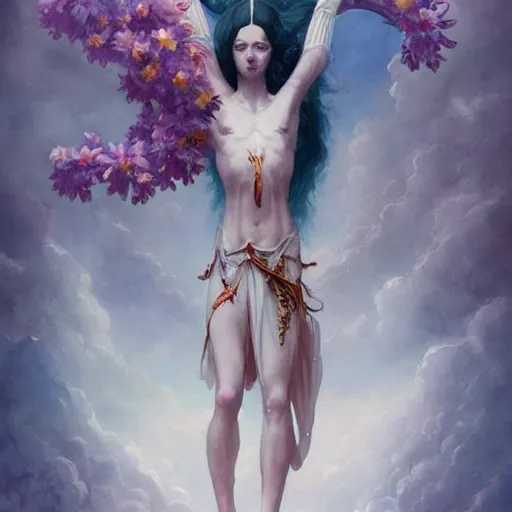 Image similar to full body portrait, long shot, Crucifixion pose, of a beautiful goddess, sworming in flowers, magical, pale skin, blue eyes, long black hair, floating in a misty daze, by pete mohrbacher and greg rutkowski, watercolor painting, deviantart, pinterest