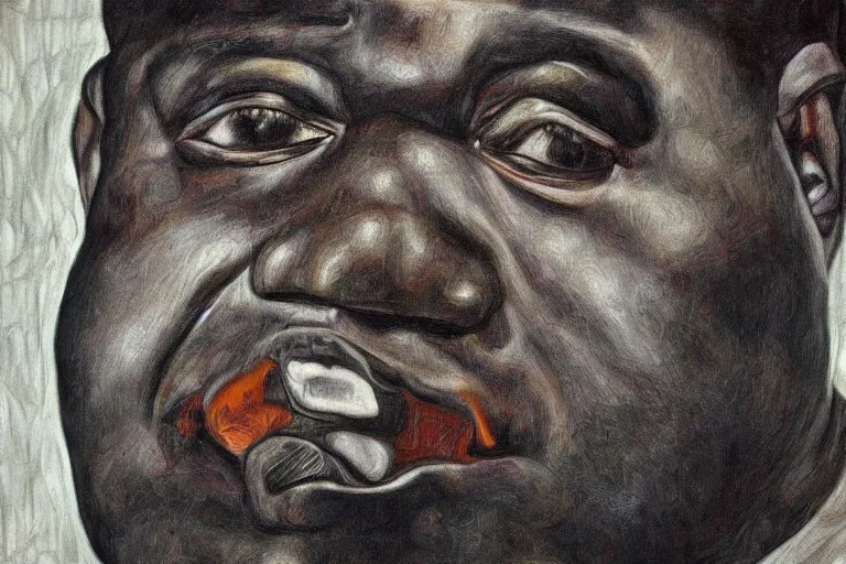 Image similar to a realistic portrait of biggie smalls in style of egon schiele, masterpiece, hyperdetailed, complex, intricate, 4 k, trending on artstation