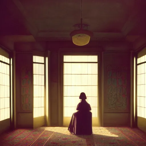 Image similar to a lonely girl in a room, film still by wes anderson, depicted by mackintosh, limited color palette, very intricate, art nouveau, highly detailed, lights by hopper, soft pastel colors, minimalist