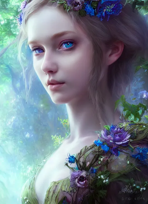 Prompt: portrait of a gorgeous fairy princess of the forest, perfect blue eyes, detailed iridescent floral pattern skin, 8k render, ultra realistic, cinematic lighting, artstation, artgerm, Seb McKinnon