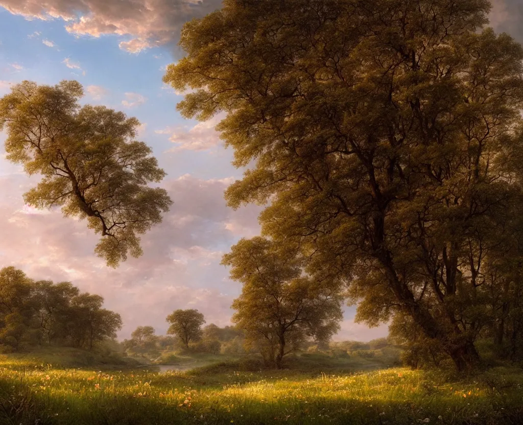 Image similar to epic landscape with rolling hills and a river, groups of old trees with flower meadowss on the river banks in a beautiful early morning mood with small pink clouds in the sky by clive madgwick and alexandre calame, godrays, golden ratio, velvia 5 0, large format camera, artstation, vray render