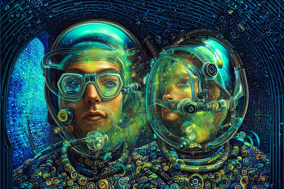 Image similar to detailed portrait of a cyberpunk scuba diver inside a dmt portal by james r eads and tomasz alen kopera