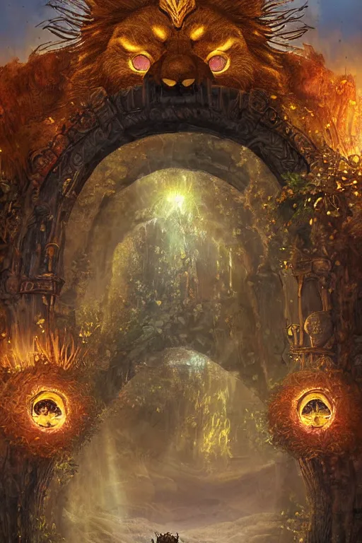 Prompt: A giant medieval fantasy energy portal gate with a rusty gold carved lion face with blue glowing eyes at the center of the gate, the portal takes you to another world, full of colorful flowers on the lost Vibes and mountains in the background, spring, delicate fog, sea breeze rises in the air, by andreas rocha and john howe, and Martin Johnson Heade, featured on artstation, featured on behance, golden ratio, ultrawide angle, f32, well composed, rule of thirds, center spotlight, low angle view