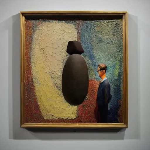 Prompt: an impasto painting by shaun tan of an abstract sculpture by the caretaker and john chamberlain ( 1 9 0 0 )