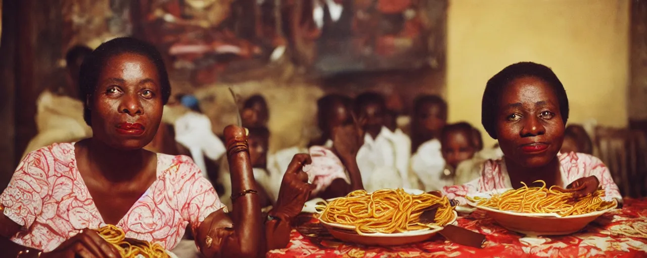 Image similar to queen nzinga mbande of angola, enjoying a feast of spaghetti, in the style of diane arbus, canon 5 0 mm, kodachrome, retro