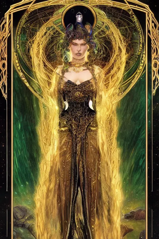 Prompt: a tarot card of a sorceress wearing a black robe with gold embroidery, casting a spell, green glows, painted by artgerm, tom bagshaw, alphonse mucha, and gustav klimt, in the style of magic the gathering, intricate, highly detailed digital art