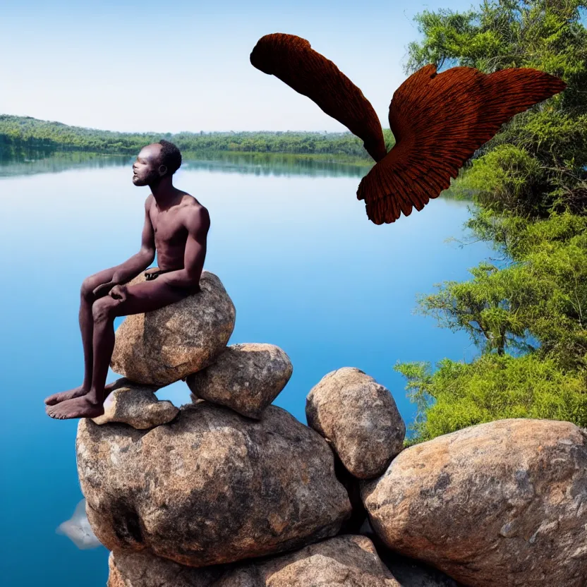 Image similar to an african man with wings sitting upon a large rock in the middle of a calm lake.