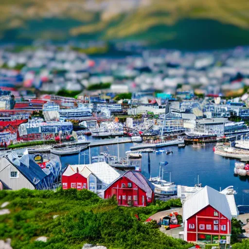 Image similar to isometric view of bodø in norway, miniature, tilt - shift, colorful, arctic