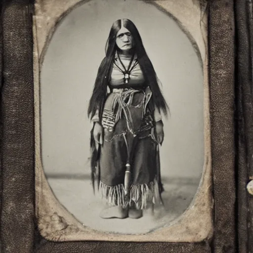 Prompt: victorian photo portrait of a scary horror monster and a native american warrior girl, 1825