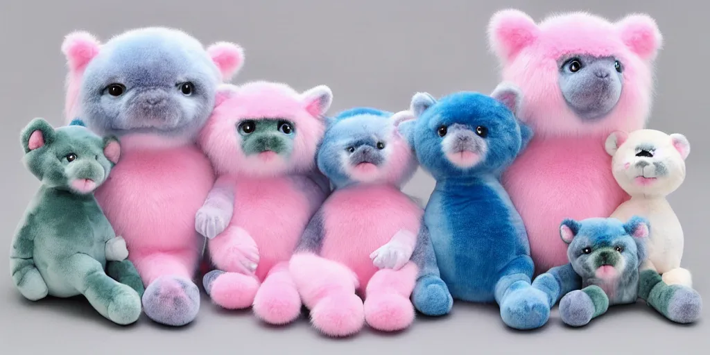 Image similar to 3 d precious moments plush animal with realistic fur and a blue / white / gray / green / pink / tan / mid pink / blue gray color scheme, landscape with blue / white / gray / green / pink / tan / mid pink / blue gray color scheme palette, master painter and art style of john william waterhouse and caspar david friedrich and philipp otto runge