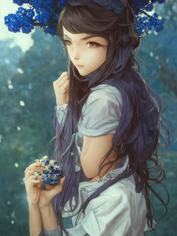 Prompt: full body picture of a blueberry neighborhood girl looking at the camera, cynical, bored, beautiful and aesthetic, intricate, unreal engine, messy hair, highly detailed, detailed face, smooth, sharp focus, chiaroscuro, manga illustration, artgerm, greg rutkowski, alphonse mucha, young adult light novel cover art