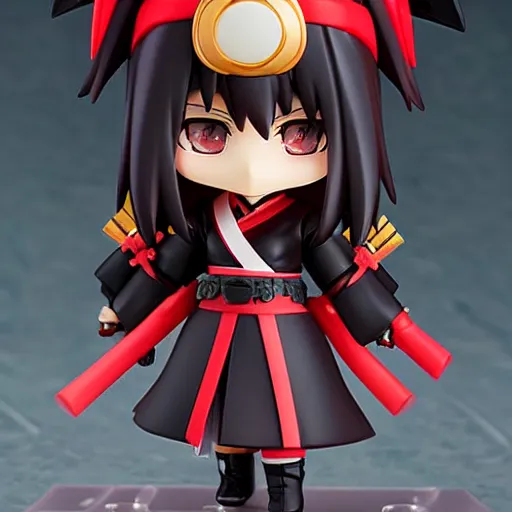 Prompt: lovely black and red samurai maiden girl, style as Nendoroid, clear background