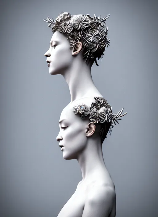 Prompt: complex 3d render ultra detailed of a beautiful porcelain profile young woman face, biomechanical cyborg, 150 mm lens, beautiful studio soft light, rim light, silver white gold details, magnolia big lemon leaves and stems, roots, fine foliage lace, mesh wire, Alexander Mcqueen high fashion haute couture, art nouveau fashion embroidered, steampunk, intricate details, hyper realistic, ultra detailed, mandelbrot fractal, anatomical, facial muscles, cable wires, microchip, elegant, octane render, H.R. Giger style, volumetric lighting, 8k post-production